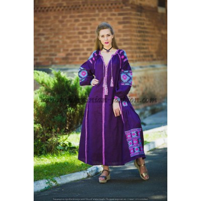 Boho Style Ukrainian Embroidered Maxi Broad Dress Purple with Pink/Light Blue Embroidery